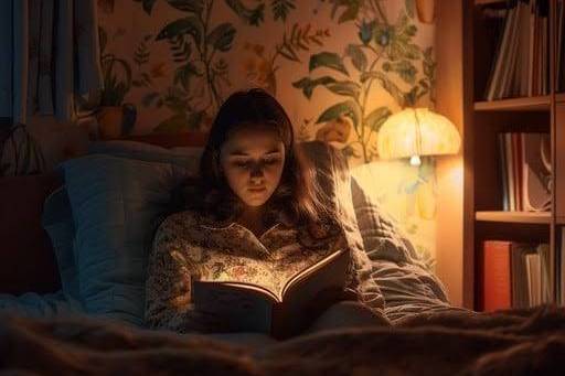 Eine junge Frau liest abends im Bett Erotikliteratur.