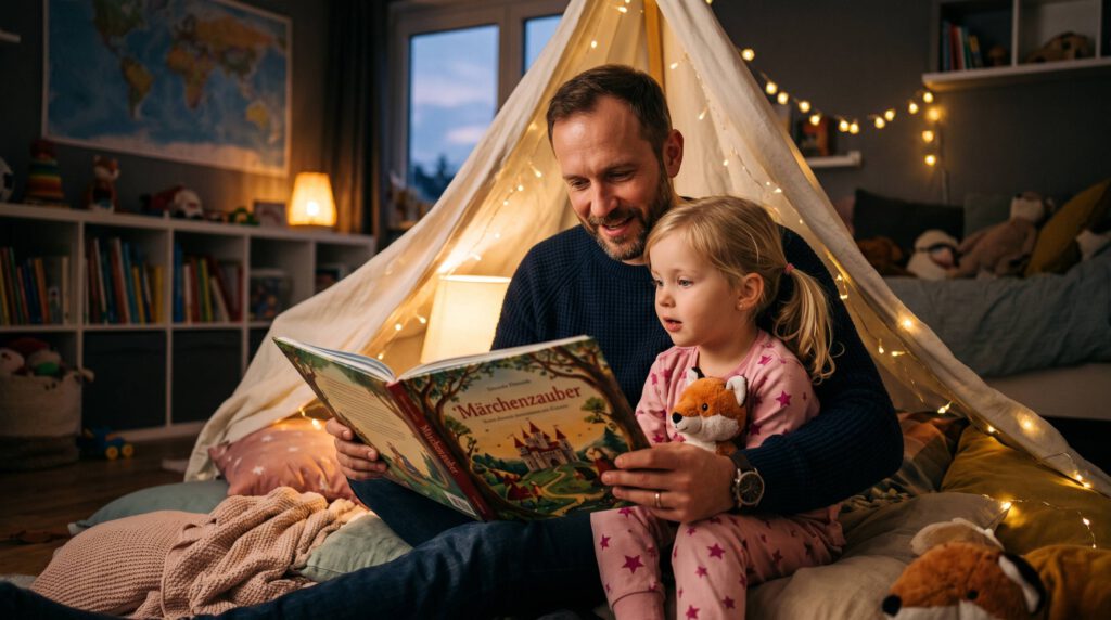 Vater liest Kind abends ein Märchenbuch vor.