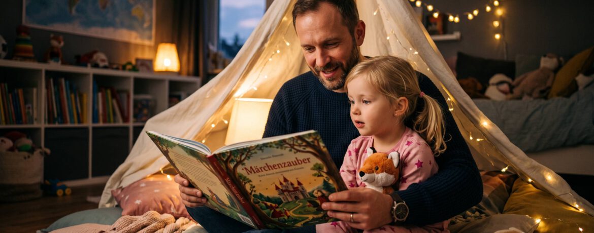 Vater liest Kind abends ein Märchenbuch vor.