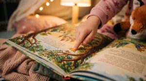 Kinderhand zeigt auf bunte Märchenbuch-Illustration.