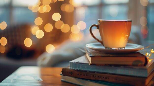 Ein Bücherstapel Erotikliteratur und obenauf eine Tasse.