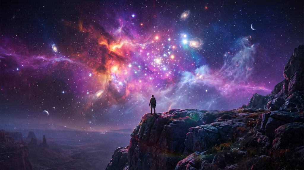 Eine Person blickt bei Nacht von einer Felsenklippe auf den Sternennebel.