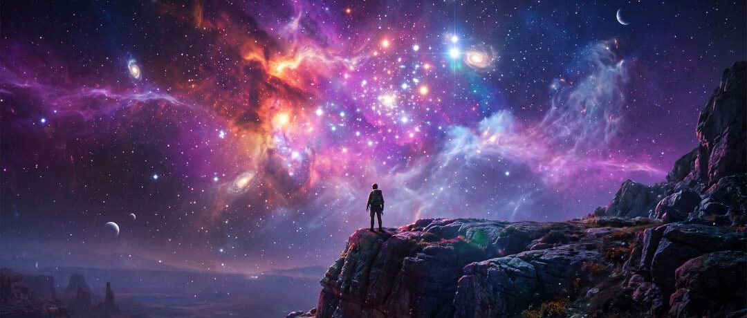 Eine Person blickt bei Nacht von einer Felsenklippe auf den Sternennebel.