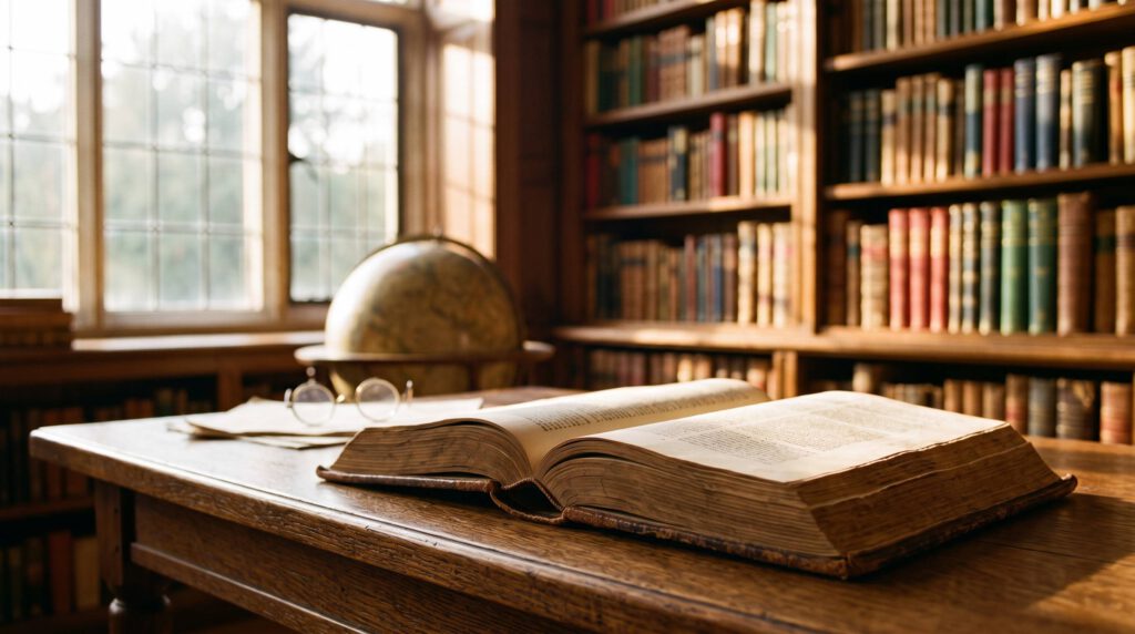 Ein offener historischer Roman liegt auf einem Tisch in einer Bücherei. Im Hintergrund ein Bücherregal und ein Globus