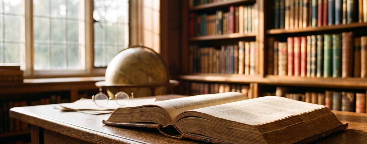 Ein offener historischer Roman liegt auf einem Tisch in einer Bücherei. Im Hintergrund ein Bücherregal und ein Globus